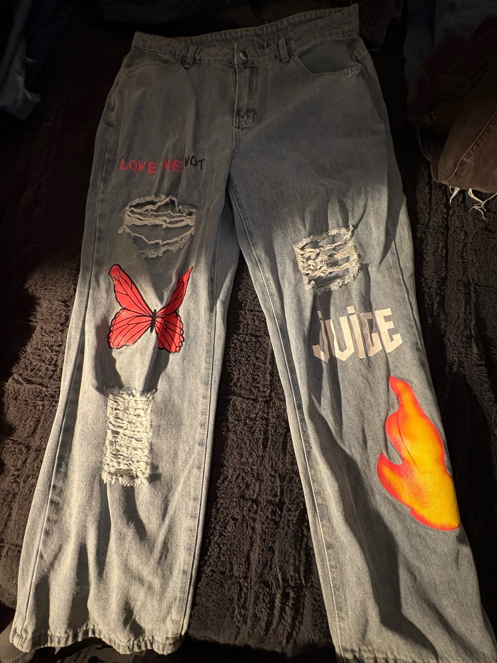 Fashion Nova Light Blue Straight Leg Jeans with Red Butterfly & Orange Flame